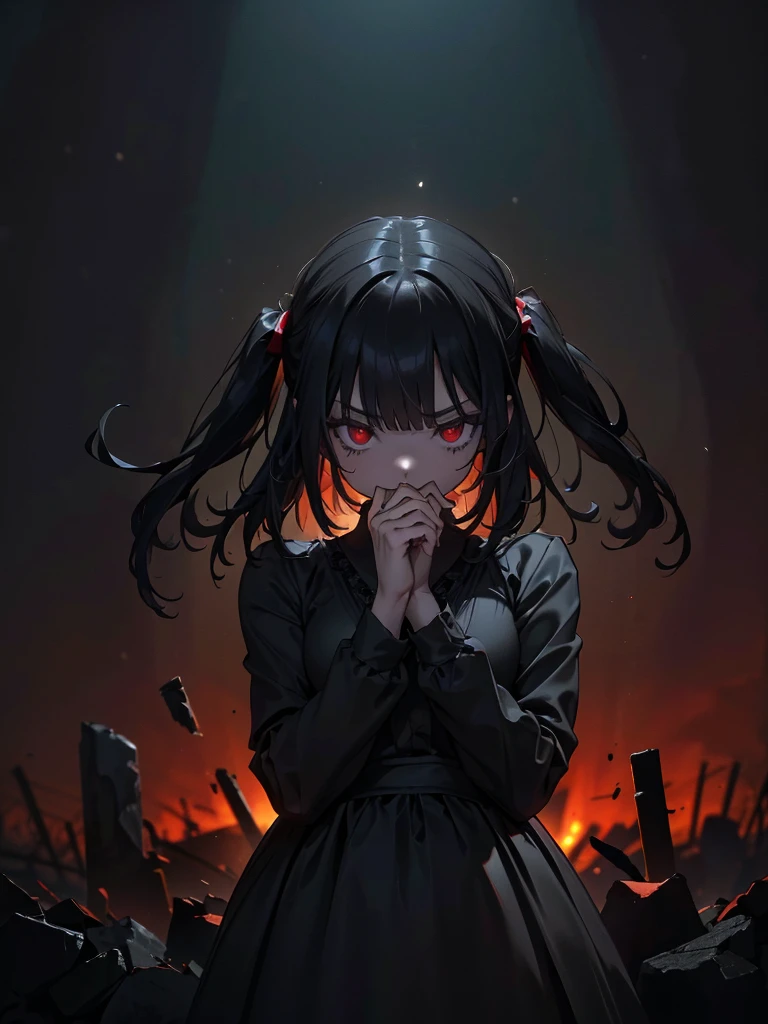 Black maid outfit, whole body, Long black hair,Red eyes,In the spotlight,The background is a dark city street.、(It generates high-quality female works with a dark and insane horror movie-like world view centered on black. She has a creepy and attractive physique、whole body黒のファッションスタイルを着ています. The background is a dark and desolate landscape, An atmosphere like a horror movie setting. Her figure is terrifyingly beautiful, Emphasizing dark and insane elements. Light and shadow effects are skillfully expressed, detailed, The face and expression in the black attire are meticulously drawn, Artistic elements add depth to the work. The overall atmosphere exudes an eerie and nightmarish worldview, With a unique artistic touch. This movie is、It depicts the dark and insane world of a horror movie in high quality, Evoke visual stimuli and aesthetic sense, It will give viewers fear and excitement. It produces a work that blends the dark and insane worldview of a horror movie with artistic elements.