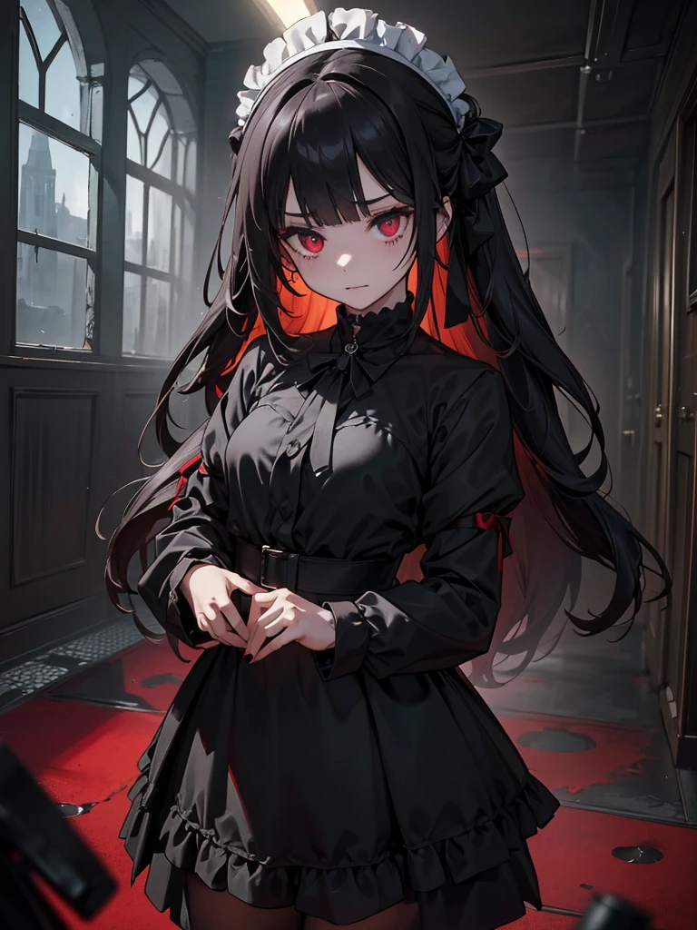 Black maid outfit, whole body, Long black hair,Red eyes,In the spotlight,The background is a dark city street.、(It generates high-quality female works with a dark and insane horror movie-like world view centered on black. She has a creepy and attractive physique、whole body黒のファッションスタイルを着ています. The background is a dark and desolate landscape, An atmosphere like a horror movie setting. Her figure is terrifyingly beautiful, Emphasizing dark and insane elements. Light and shadow effects are skillfully expressed, detailed, The face and expression in the black attire are meticulously drawn, Artistic elements add depth to the work. The overall atmosphere exudes an eerie and nightmarish worldview, With a unique artistic touch. This movie is、It depicts the dark and insane world of a horror movie in high quality, Evoke visual stimuli and aesthetic sense, It will give viewers fear and excitement. It produces a work that blends the dark and insane worldview of a horror movie with artistic elements.