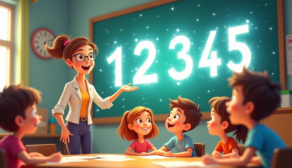 The number appears briefly in the air with a sparkle each time cartoon teacher and kids count, emphasizing the magic of learning.
Number 1 2 3 4 5 6 7 8 9 10