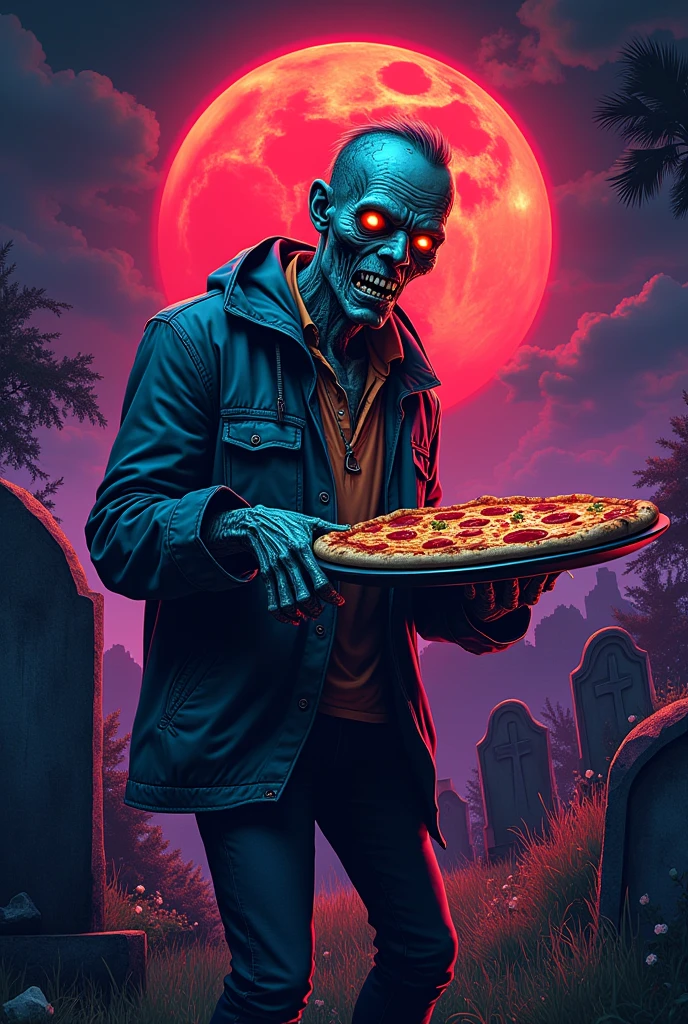 a zombie holding a PIZZA in a graveyard, detailed face and hands, one red super moon in the background, 80s inspired, vector t-shirt design, digital art, dynamic composition, neon colors, vibrant, glowing eyes, detailed skin and clothing textures, gritty and moody atmosphere, stylized and surreal, bold graphic elements, retro futuristic