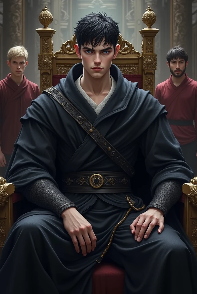 a young king 30 age black hair very white skin deep ocean blue eye sitting on throne, wearing a straight black wristband and black warrior outfit without crown but hes oufit have do dot needles. behind of king 3 guys standing. 1 guy blonde 2 guy brunette. king smiles sarcastically looks intelligence. background is royal palace but looks dark and stifling. realistic like medieval They are far away and slightly above king is muclar and looks like warrior king have pretty white skin and looks like musclar big shoulders but his dress covers him whole body photo looks medieval realistic king has short hair shaved the sides of his hair
