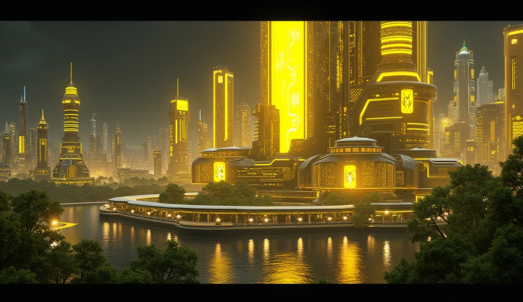 big futuristic scifi city on space cube station, above on the black space, yellow futuristic city, hologram, LED lighting on scifi arc building, green plant on building of city, 8K, full HD, 3d render, Unreal Engine, Octance Render