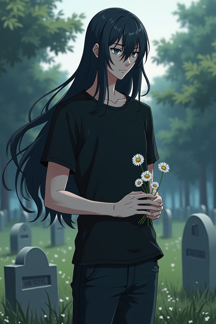 Guy long black hair, stands near the grave, there is a sad smile on the face, three daisies in hands, grey eyes, Beautiful skinny body, Black T-shirt, black trousers,Beautiful face, anime art, masterpiece, realistically