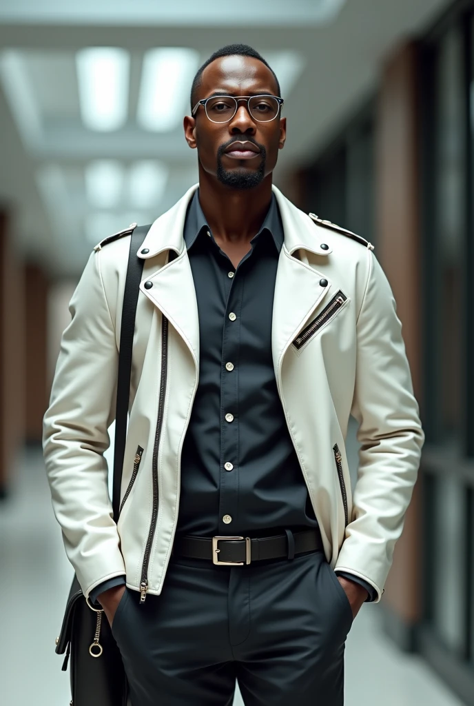 Create a middle-aged Black man, extremely handsome, tall, with a long head, long and thick legs, strong style, but no belly, has a chin dimple, fleshy lips, Smiling and big eyes, expressive, wears glasses, straight military-style hair with a middle part
Wearing a modern slim-fit leather jacket,  na cor branca, in a corporate setting, with a courier-style bag on their shoulders 
