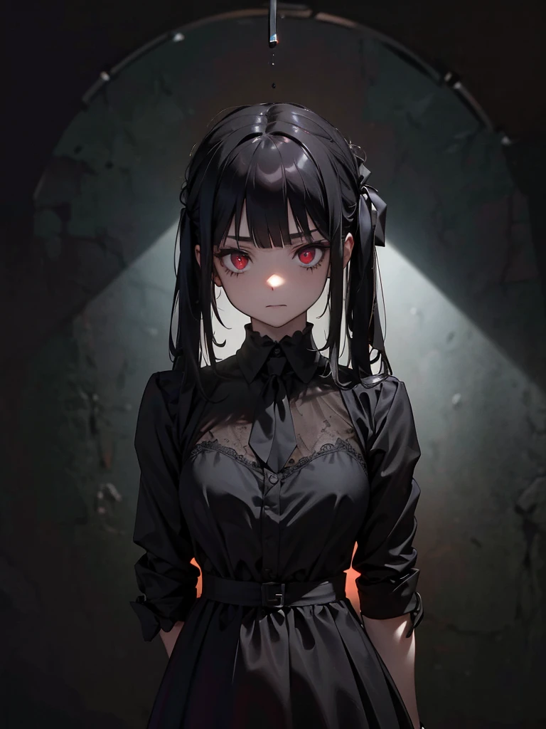 Black maid outfit, whole body, Long black hair,Red eyes,In the spotlight,(It generates high-quality female works with a dark and insane horror movie-like world view centered on black. She has a creepy and attractive physique、whole body黒のファッションスタイルを着ています. The background is a dark and desolate landscape, An atmosphere like a horror movie setting. Her figure is terrifyingly beautiful, Emphasizing dark and insane elements. Light and shadow effects are skillfully expressed, detailed, The face and expression in the black attire are meticulously drawn, Artistic elements add depth to the work. The overall atmosphere exudes an eerie and nightmarish worldview, With a unique artistic touch. This movie is、It depicts the dark and insane world of a horror movie in high quality, Evoke visual stimuli and aesthetic sense, It will give viewers fear and excitement. It produces a work that blends the dark and insane worldview of a horror movie with artistic elements.