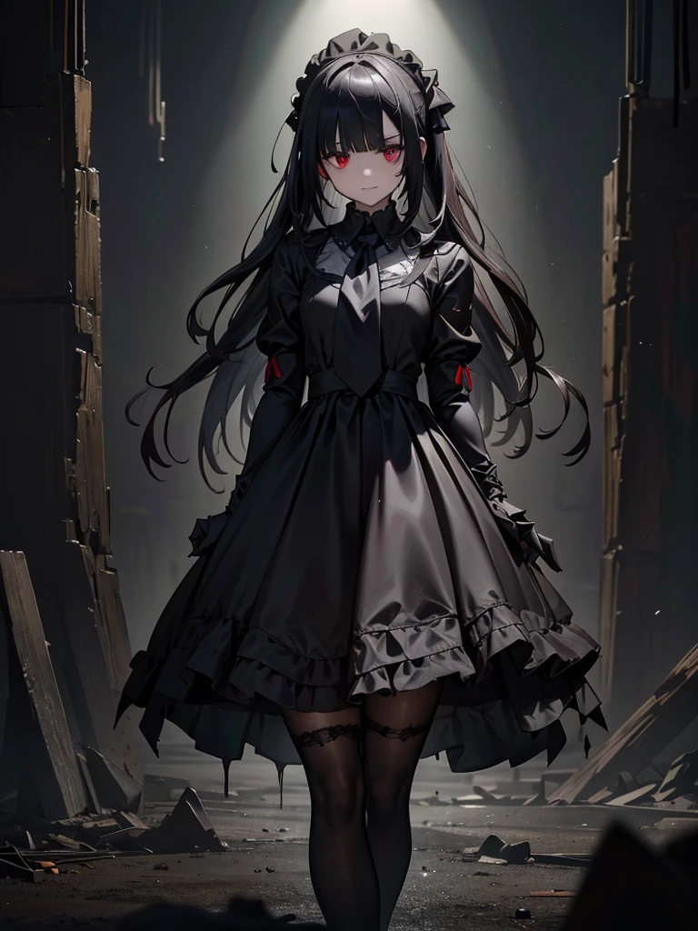 Black maid outfit, whole body, Long black hair,Red eyes,In the spotlight,(It generates high-quality female works with a dark and insane horror movie-like world view centered on black. She has a creepy and attractive physique、whole body黒のファッションスタイルを着ています. The background is a dark and desolate landscape, An atmosphere like a horror movie setting. Her figure is terrifyingly beautiful, Emphasizing dark and insane elements. Light and shadow effects are skillfully expressed, detailed, The face and expression in the black attire are meticulously drawn, Artistic elements add depth to the work. The overall atmosphere exudes an eerie and nightmarish worldview, With a unique artistic touch. This movie is、It depicts the dark and insane world of a horror movie in high quality, Evoke visual stimuli and aesthetic sense, It will give viewers fear and excitement. It produces a work that blends the dark and insane worldview of a horror movie with artistic elements.