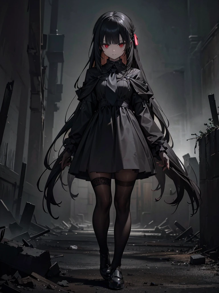 Black maid outfit, whole body, Long black hair,Red eyes,In the spotlight,(It generates high-quality female works with a dark and insane horror movie-like world view centered on black. She has a creepy and attractive physique、whole body黒のファッションスタイルを着ています. The background is a dark and desolate landscape, An atmosphere like a horror movie setting. Her figure is terrifyingly beautiful, Emphasizing dark and insane elements. Light and shadow effects are skillfully expressed, detailed, The face and expression in the black attire are meticulously drawn, Artistic elements add depth to the work. The overall atmosphere exudes an eerie and nightmarish worldview, With a unique artistic touch. This movie is、It depicts the dark and insane world of a horror movie in high quality, Evoke visual stimuli and aesthetic sense, It will give viewers fear and excitement. It produces a work that blends the dark and insane worldview of a horror movie with artistic elements.