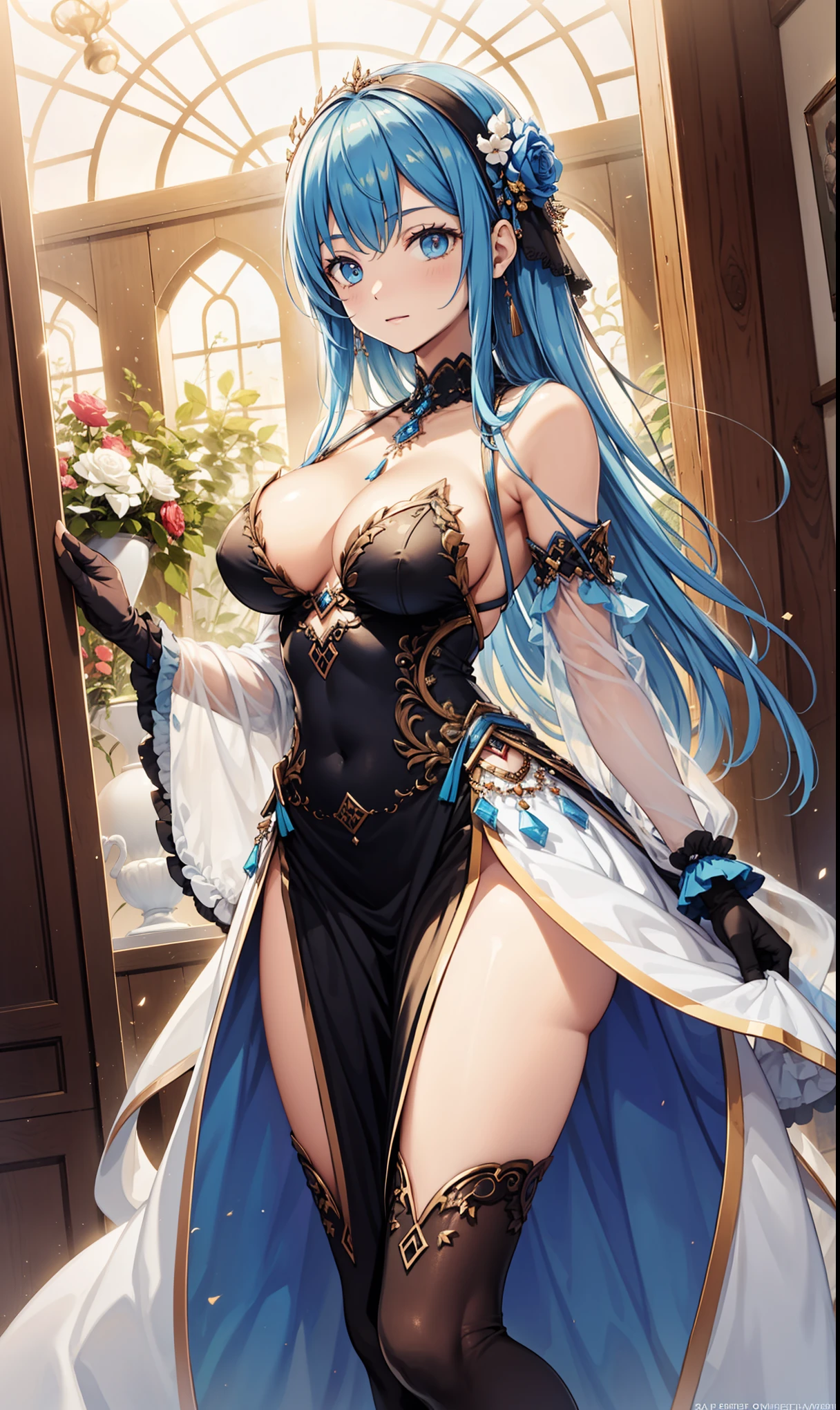 1girl,slender face,blue hair,Around 18 years old,glamor,silver hair,Saint,white_dress,harem,Valentine,capelet,cowboy_shot,uneven_legwear,,(The magical transparent white dress),Black Gloves,See through transparent clothes,Exquisite hair accessories,Transparent lace,Sky blue pattern,night,Dress nicely,bedroom,harem