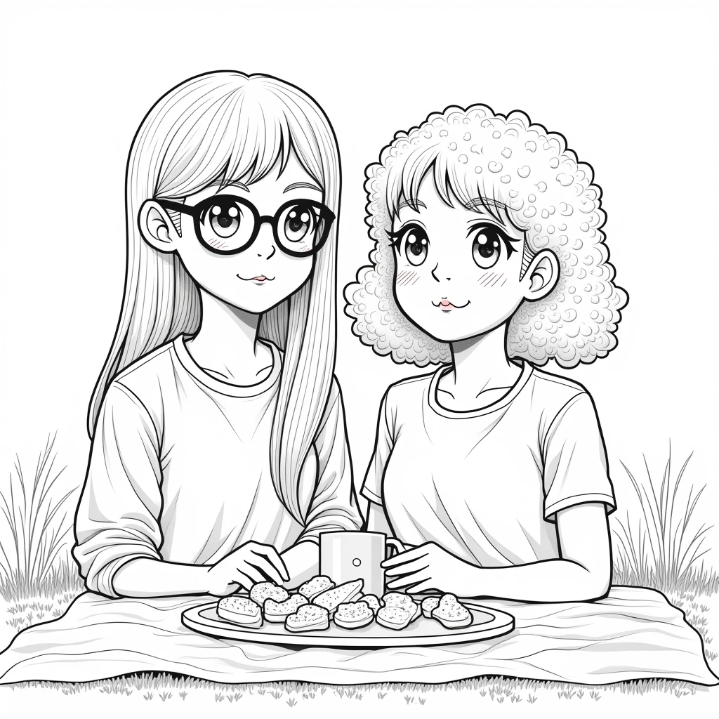 A drawing to color of two girls, one with straight hair, taller and wearing round glasses, and the other with curly hair on a picnic. They are girlfriends and are in a park on a beautiful day. The one with straight hair has long hair and the one with curly hair has short hair to her shoulders. They don't wear bangs. I want it to be for coloring.