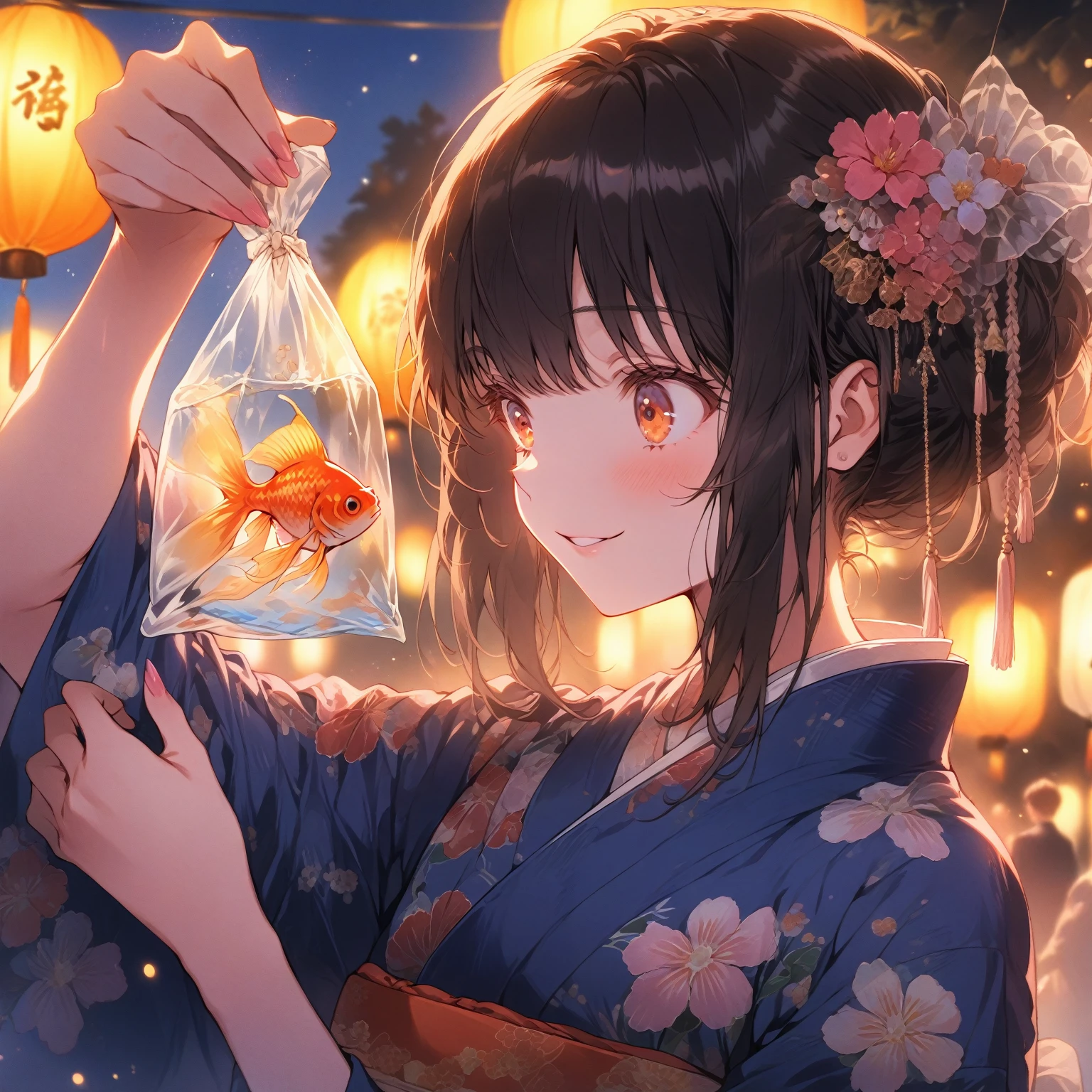 score_9_up, score_9, score_8_up, score_7_up, source_anime,masterpiece, best quality, high resolution, extremely detailed CG, absurdres, highres,On the evening of the summer festival, 1girl, solo, a girl in a yukata holds a goldfish in a small transparent plastic bag. The girl lifts the bag in front of her eyes and looks at the goldfish with a gentle smile, good_hands, Long eyelashes, detailed beautiful eyes, looking away