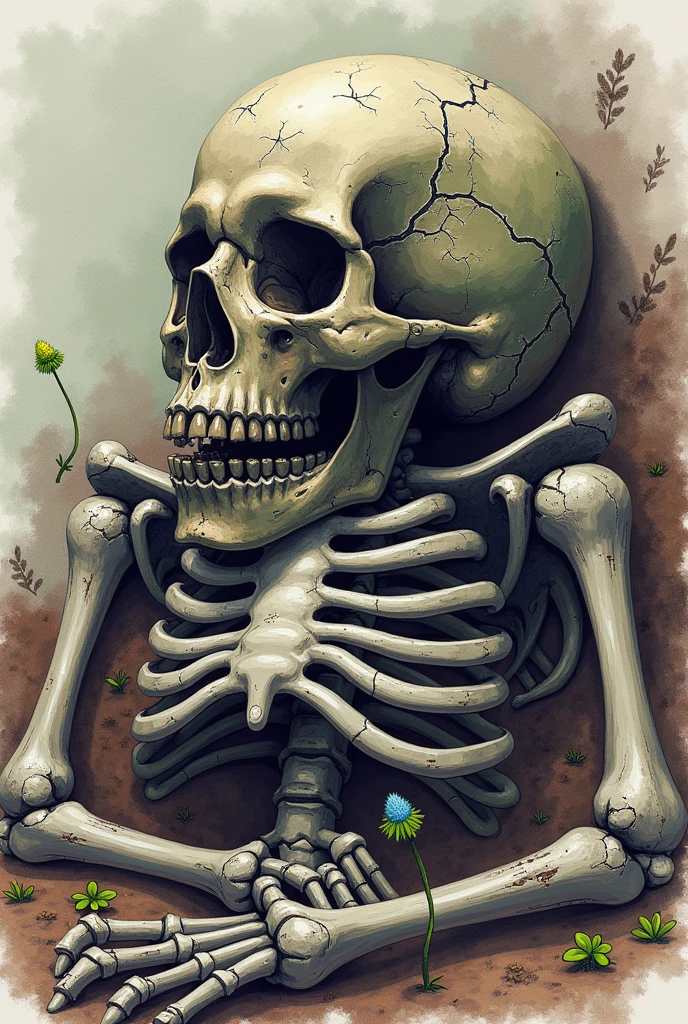 (drawn punk and goth style with a touch of realism for the skull, and the nightshade drawn in watercolor style) decaying skeleton laying on its side on the earth with deadly nightshade growing out of its mouth and eye socket