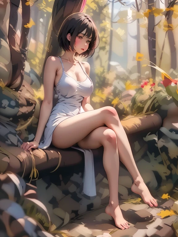 beautiful girl, small breast, showing face, protruding, short hair, brown, 8k, professional photography, delicate, clear, in the forest, sun, light leakage, masterpiece, (beautiful)))), (reality)))), sad, blushing, Full Body, fantastic, young, bare foot, crossed legs, two legs