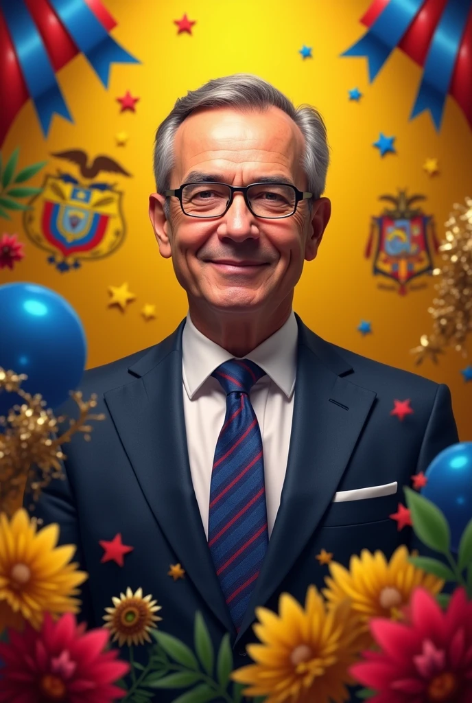 Create a birthday image to celebrate an Ecuadorian foreign minister of approximately 37 years old. The design should include elements that represent Ecuador, like the national colors, the flag and official symbols such as the coat of arms or the national flower. The image should display an avatar that reflects the approximate age, focusing on the role and importance of the foreign minister in a subtle and elegant way, while maintaining a festive birthday theme and displaying the phrase Happy Birthday