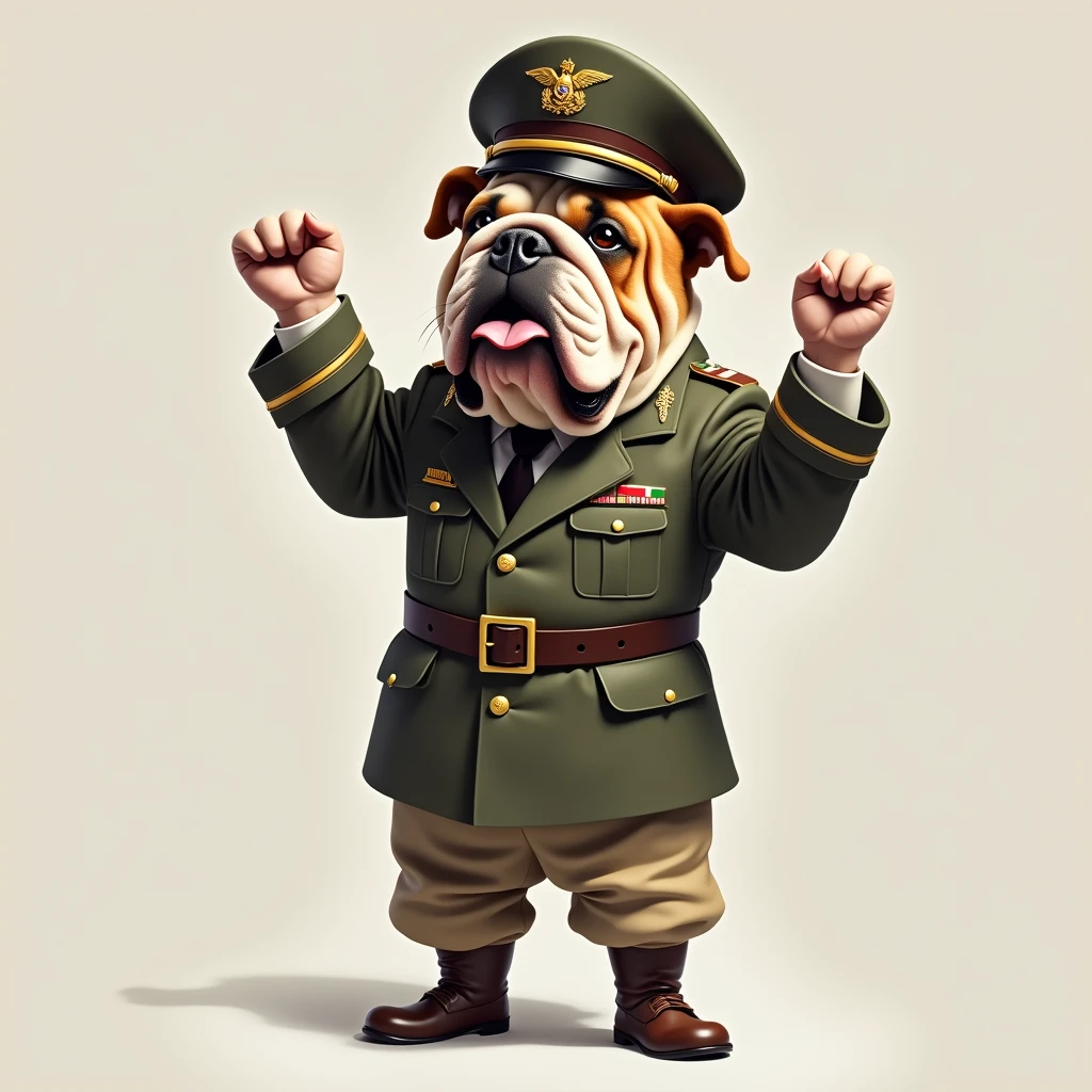 A bulldog with a big head standing on his legs and his hands up like a person wearing a military uniform and a military hat