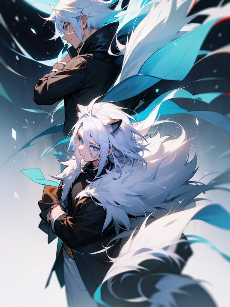 male
white hair with black on top and black tips
blue eyes
snow leopard ears and tail
half human half snow leopard hybrid