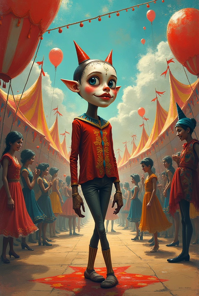 artwork inspired by Petrushka using any contemporary medium of arts ( sketch but with colors, ballet in circus) real human like Petrushka and landscape