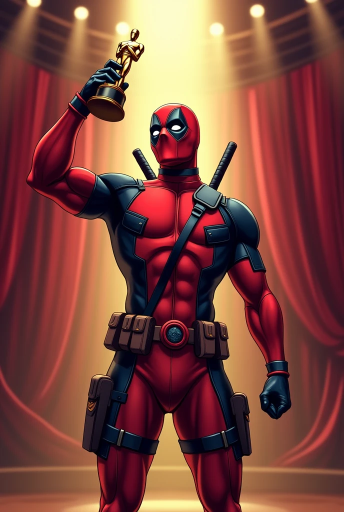 Create an image of Deadpool holding a golden Don Bosco award as if he were at the Oscars.