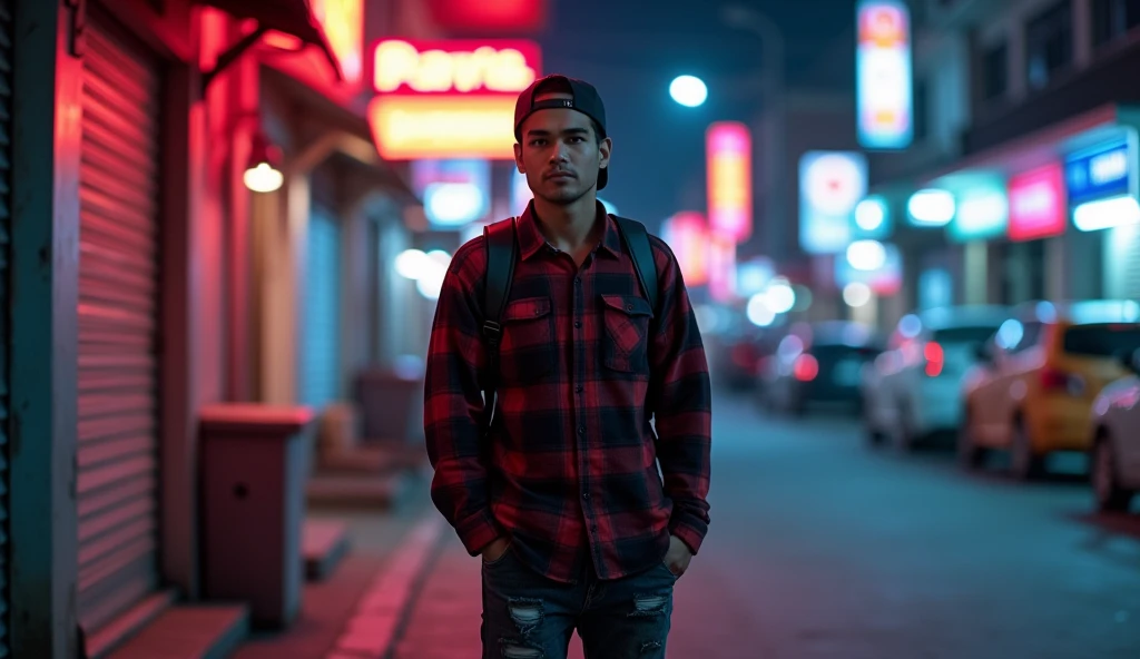 Hyper realistic, a 28 year old Indonesia man walking on the neon cyberpunk street, ideal body, look straight ahead, wearing dark red flannel shirt and dark ripped jeans pants and black hiking hi-shoes with black backward trucker hat, wear dark leather backpack, wear headphone, masculine photoshoot pose, arrogant man expression, romantic, Bandung night town as background. Use soft photography lighting. top lighting. top lighting, slide lighting, high quality photos, UHD, 64k. shot with Canon EOS 5D Mark IV, cinematic portrait, Realistic face, not changing face, no mustache, Real photo, unchanging face, background change. Real Picture 8k ultra, man, gamer, hyper detailed, sharp focus, studio photo, intricate details, highly detailed, photo real, bright colors, digital graphics, unreal engine, blender art, perfect composition, octane rendering, masterpiece, sharp focus, high detail, art station, concept art, perfect composition, a model of ultra-high quality and clarity, perfect play of light and shadow, 32k UHD, hyper-detailing, complex artistic masterpiece, ((best quality)), ((masterpiece)), (detailed), perfect face
