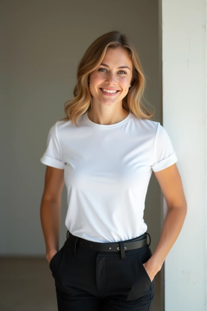 Young adult in white t-shirt tucked in black pants 
