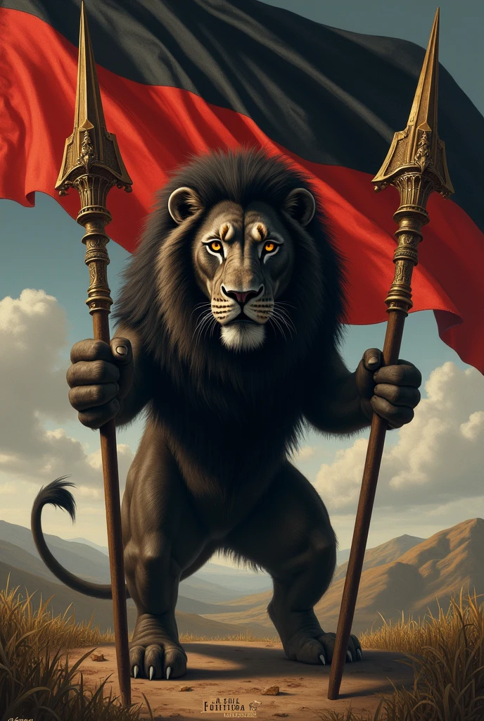 CREATE A PAINTING LIKE Renaissance. ANGRY BLACK LION HOLDING SPEARS WITH BLACK RED FLAG. TEXT : LA FAMILIA FORTICH. AND DETAILED IMAGE.