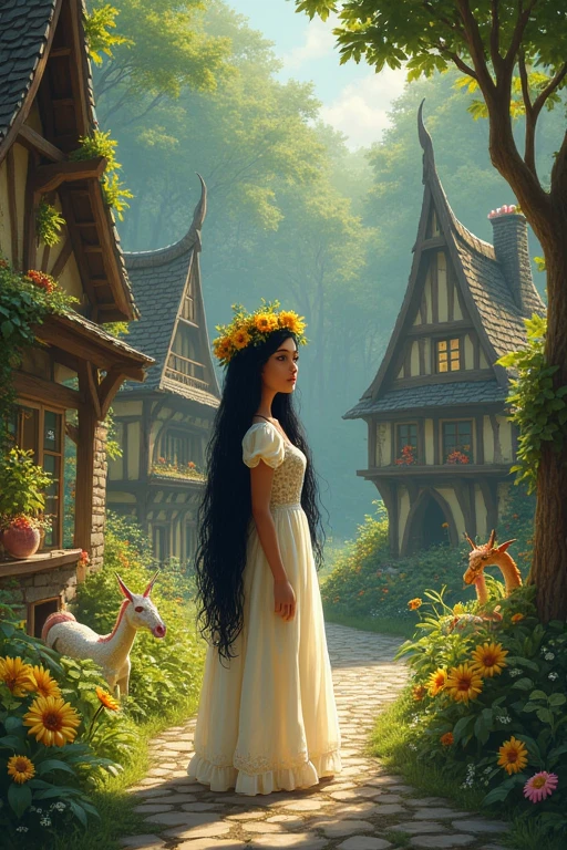 ((best qualityer)), ((work of art)), (detailded), A medieval village in the middle of the forest inhabited by magical creatures. The image shows dwarves., goblins, fairies, Unicorns and dragons. A princess with long black hair wearing a tiara of yellow flowers and a simple white floral dress. The princess watches everything impressed.