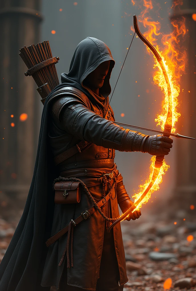 The picture describes a fascinating and mystical character: an archer in dark, medieval armor. He has a mysterious presence, reinforced by his cape and hood, which partially covers his face. The robust armor made of leather and metal indicates his combat experience and resilience.
The idea, to replace the traditional bow with a fire magic bow, gives the image an additional dimension. The Flame Arch, that blazes in his hands, not only emits intense light, but also creates a warm and lively atmosphere. The dynamically flickering flames give the character a magical aura, while the heat affects the environment and creates a surreal, dancing air creates. This combination of mystical elegance and powerful magic makes the archer an impressive figure.