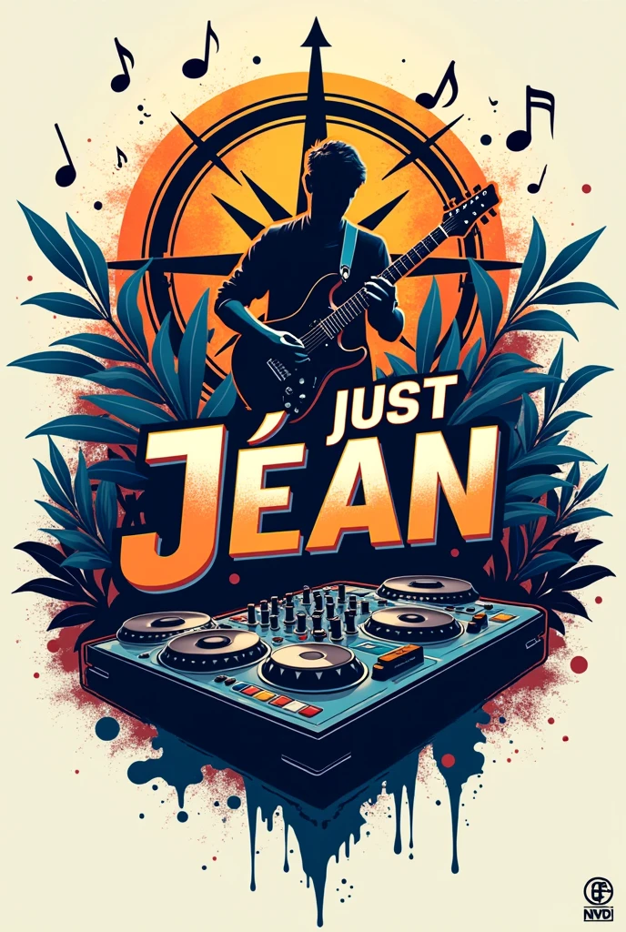 A DJ logo with the words "just Jéan". the background has a compass rose with one stratocaster guitar and DJ decks surrounded with music notes and elements. The main colour theme is orange and blue