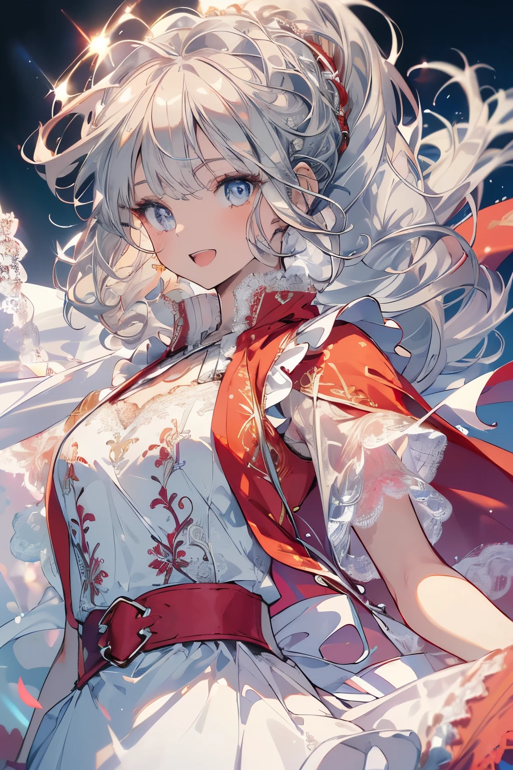 (Best quality,4K,8K,High resolution,Masterpiece:1.2),Super detailed,(Actual, Realistic),highly detailed, top quality, soft skin,Portrait,
break,
((clear blue eyes:1.2)),very kind eyes,eyes wide open,beautiful eyelashes,beautiful lower eyelashes,
break,
((Beautiful and shiny silver hair:1.3)),A dazzling smile, a bursting smile, an open mouth laugh,
break,
very happily,
break,
((White blouse and red vest, long red skirt and short vest, cape shawl, and apron with embroidery and lace decorations:1.3)),
break,
very happily,((Skip:1.3)),((sunny grassland:1.3)),((bust shot)),zoom in,spread both arms