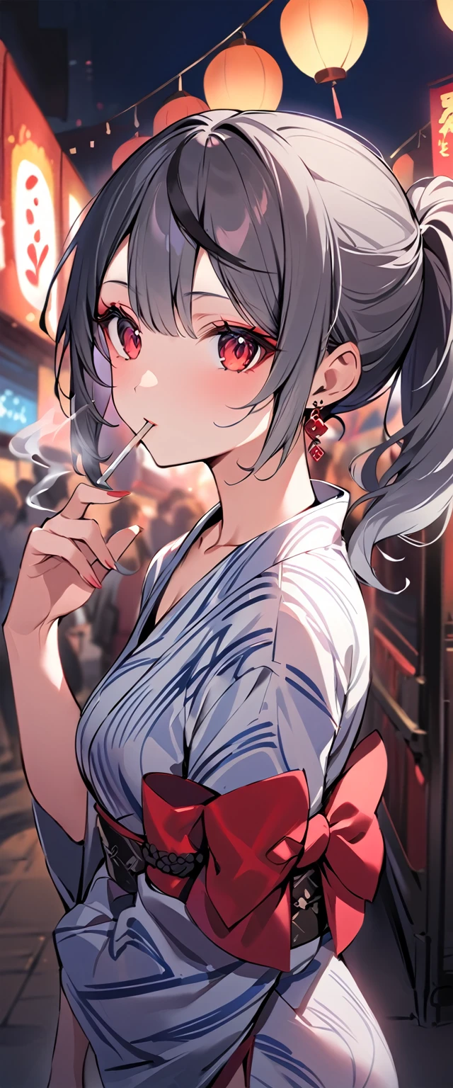 good looking, alone, 1 female, ponytail, Black hair with smoky grey tips, Red eyes,Earrings, smoking, night, Summer festival,Yukata,Black light