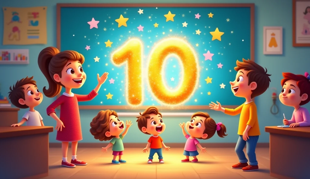 The number appears briefly in the air with a sparkle each time cartoon teacher and kids count, emphasizing the magic of learning.
Number 6 7 8 9 and 10