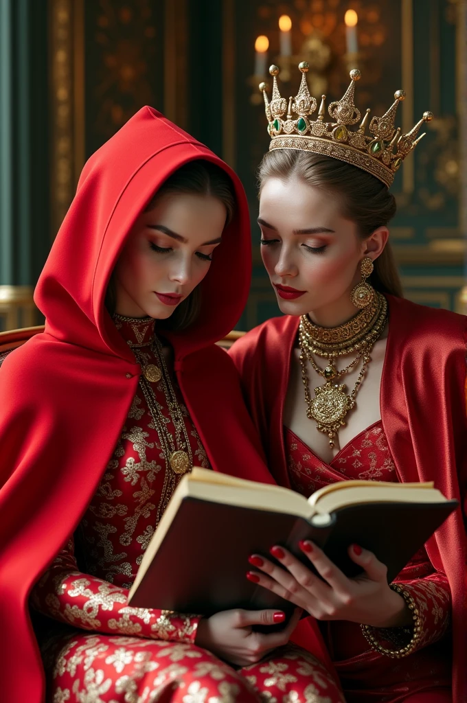 Little Red Riding Hood dressed in Louis Vuitton reading a book to a queen with a crown