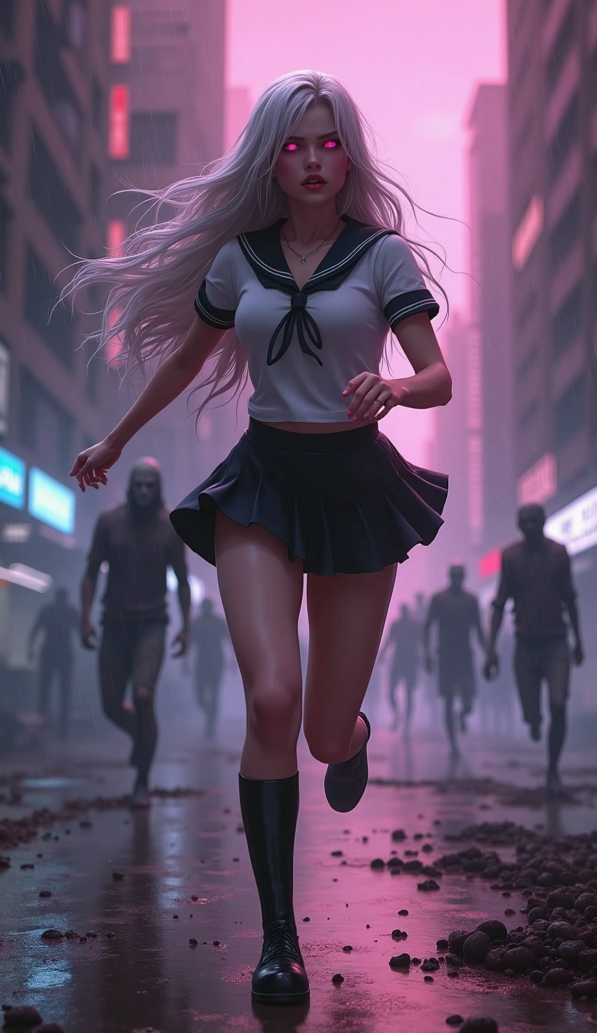 photorealistic,Realistic illustration in Modelshoot style,((masterpiece)),((The best quality)),((Ultra Quality)),((ultra detailed)),((1girl long white hair)),((Only)),((waifu:1.5)),Perfect anatomy,perfect hands,beautiful cuerpo,beautiful_method,ulzzang-6500-v1,e-chica,((Exceptionally Beauty Waifu Princess Tifa Lockhart running terrified in a devastated city being chased by a group of horrible and scary zombies)),(((zombis,A crowd of horrible and terrifying zombies watching and running after her piled up with each other to catch up with her...))),in a cosplay,wet clothes,Woman body set big breasts, ((Beauty Sexy Body, Sexy Hips, Beauty Sexy Legs)), ((Wolf Ears)), ((Sexy School Girl Uniform, Sailor Miniskirt, Pantyhose, High Heels)),((bright-pink_eyes)),long wavy hair, ((white hair)),hair clips,eyeliner,cute makeup,lipstick,Glossy lipstick,with a look of terror, worry and sadness,((eyes detallados perfectos)),rainy with fog outside,evening,pink theme,bioluminiscencia,light particles,((Extremely CG Unity 8K Wallpaper)),((cinematic lighting,Best quality lights)),intricate details,Suave,sharp focus,Extremely beautiful and aesthetic,Octane rendering,Full length portrait,damp skin,((Perfect detailed body)),