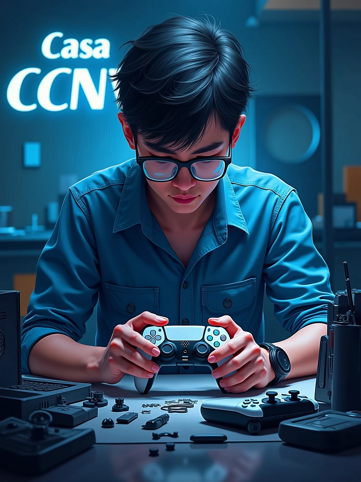An art for the dissemination of a maintenance store, a young man with glasses, age 26, doing maintenance of video game control ps5 and Xbox with the name casa ccnv, colors: cerulean,white and black