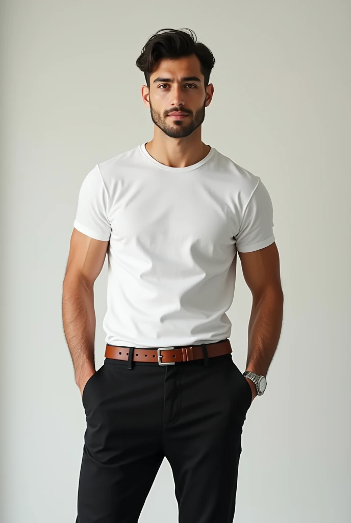 Male Young adult in white t-shirt tucked in black pants 