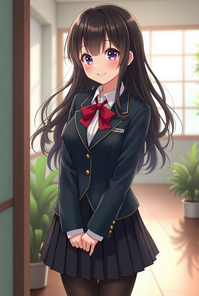(8k), (Highest quality: 1.2), (Realistic), (Realistic: 1.37), Ultra-high resolution, 1 person, cute, smile, Mouth closed, Beautiful details, Beautiful Nose, Wet Hair, Giant Dulcefo, pork, Thighs,Selfie,University student uniform,A simple blazer,Pleated skirt,Are standing,Opaque black tights, Butt pose ,Medium Shot