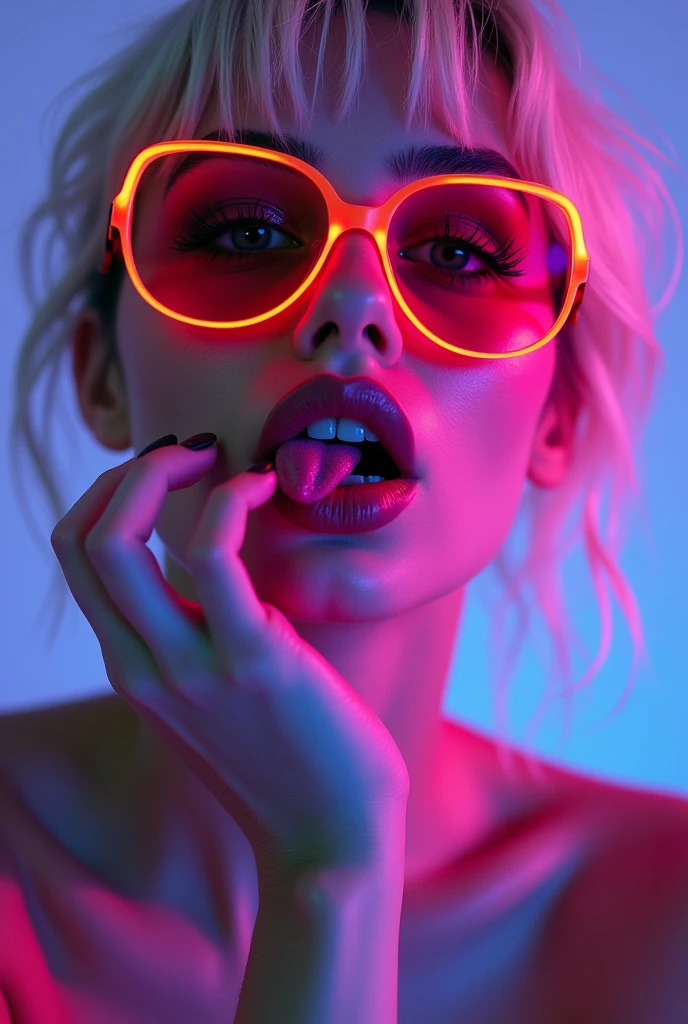 With short, blonde hair、Heavy makeup and purple eyeshadow、Dark eyeliner、Naked, Nude, Wearing neon sunglasses、A scottish woman in her 20s, is licking her fingers obscenely with her tongue
