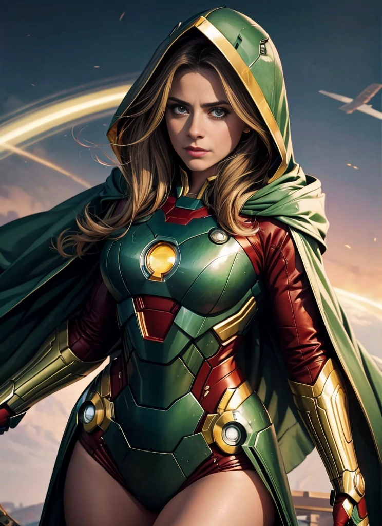 Extremely detailed,Best quality,masterpiece,illustration,Colorful,Clear edges,1 girl,Female Dr..Doom, Feminizing Robert Downey's face, Wearing a green hooded cape,Wear a hood to cover your hair,Wearing green and gold Iron Man armor,The armor has no red elements,Fly in the air,A charming smile,Lively expressions,sexy body, sexy pose,huge breasts, sexy plump legs.