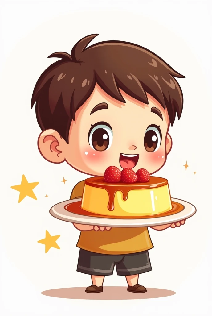 a chibi boy logo with a quesillo or flan
