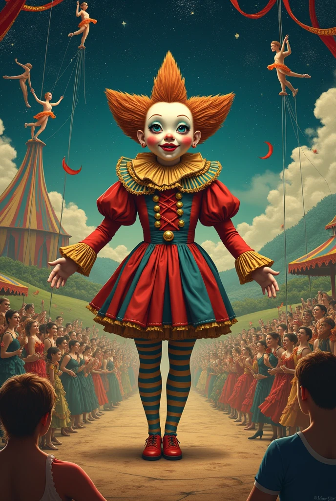 artwork inspired by Petrushka using any contemporary medium of arts ballet in circus real human like Petrushka and landscape