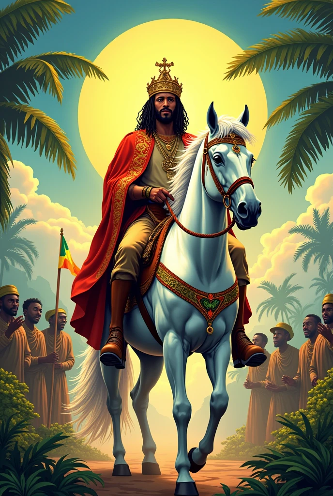 Reggae album cover of King Jah Selassie the emperor on his white horse being a God to his people , inspirado na capa de Burning Spear Hail H.I.M. 1980s aesthetic