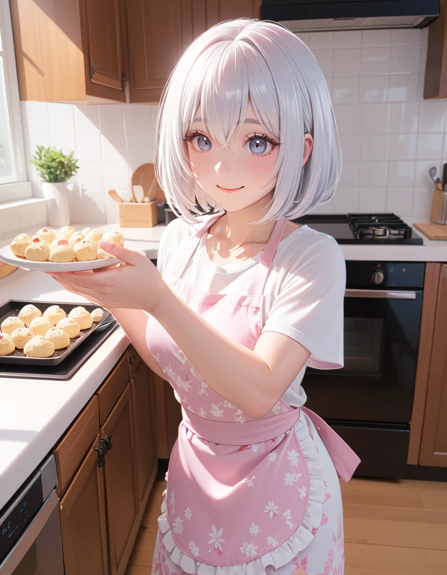 glowing particles, ambient lights, cute, pastel art, full body detailed, 4K, hdr, high details, perfect lighting, perfect anatomy, soft light, (shiny silver hair, bob cut, bang between eyes, beautiful hair), (glossy silver eyes:1.5), (beautiful eyes, twinkle eyes, large eyes, close eyes), (athlete body,large breasts), cute face, beautiful face, pretty face, beautiful, best quality, good anatomy, long eyelashes, expressive eyes, Perfect Hands, perfecteyes, BREAK pink botanical print apron, white shirt, short sleeves, morning, kitchen, happy, smile, Baking a lot of petit scones, 