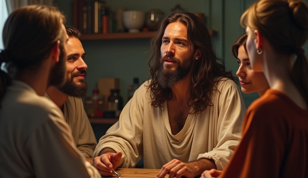 Realistic Jesus Christ talking to people at home.