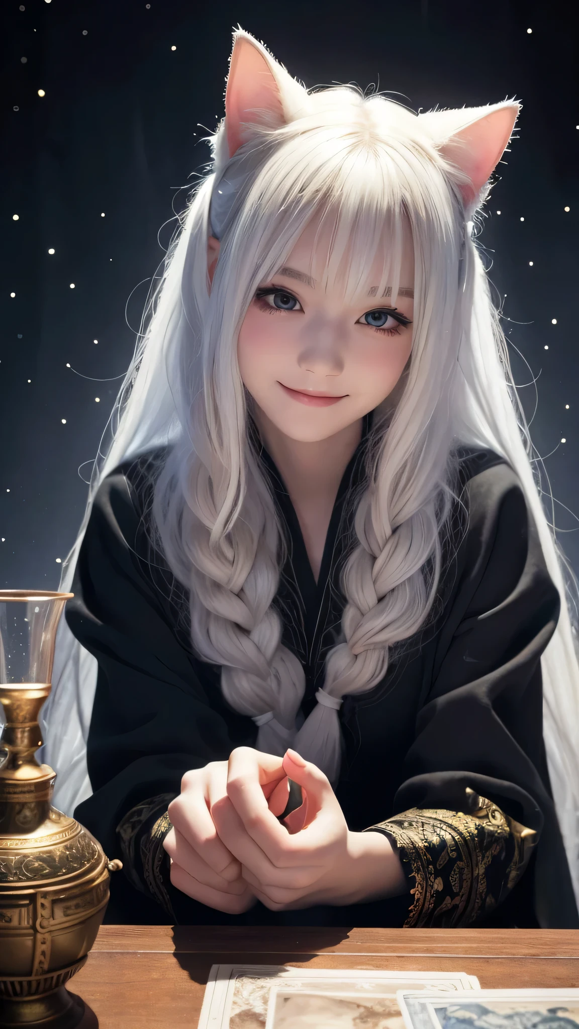 (masterpiece, highest quality, highest quality, official art, beautiful and aesthetic: 1.2), (one girl: 1.3), wavy long hair, white hair, Cat ears on the head,highly detailed portrait, highly detailed hands, looking at the viewer, alone, (whole body: 0.6), detailed background, close, shining eyes, (cold arctic winter theme: 1.1), fortune teller, Charlatan, grin, Mysterious, sitting at the table, カラフルな肩のないゆるいジプシーfortune tellerの服, holy grail, tarot cards, Crystal jade, Medieval (inner tent: 1.1) background, tent curtain on background, dark Mysterious lighting, Shadow, magical atmosphere, starry night, dutch angle, healing and guidance, transcendental beauty, fractal art, Seaweed,