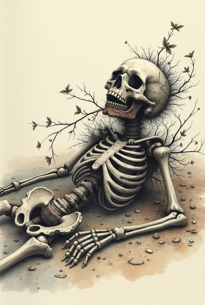 (drawn punk and goth style with a touch of realism for the skull, and the nightshade drawn in watercolor style) decaying skeleton laying on its side on the earth with deadly nightshade growing out of its mouth and eye socket 