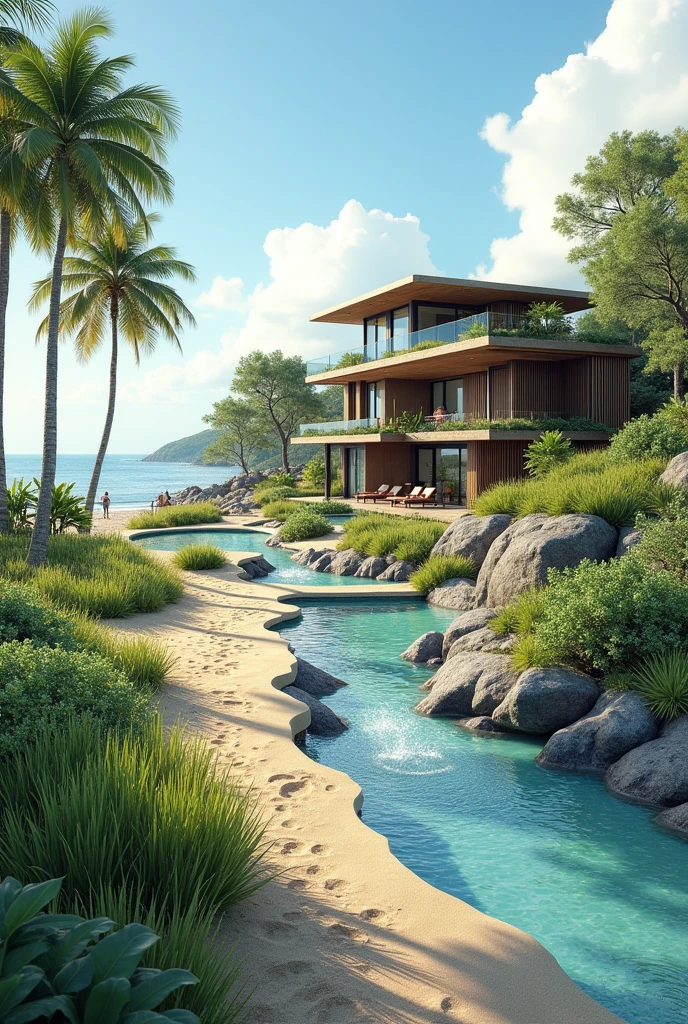 the site should have a holiday villa. This is a site in the beachside. i want to design the stormwater management for this site.want to include followings,Control the Path and Velocity of Runoff -Runoff Channels: Create shallow channels to direct runoff towards designated areas away from the beach, reducing erosion risk. Stabilize Soils in Flat Areas - Erosion Control Measures - Vegetative Cover: Quickly establish native vegetation on disturbed areas to hold soil in place. Prevent Air Pollution from Dust and Particulate Matter Dust Control Measures: - Water Spraying: Regularly spray water on exposed soil and construction areas to minimize dust. - Windbreaks: Install temporary windbreaks or solid barriers around the site to reduce dust dispersion. - Vegetative Cover: Establish temporary vegetative cover on disturbed areas quickly to reduce dust. add a gate too. 