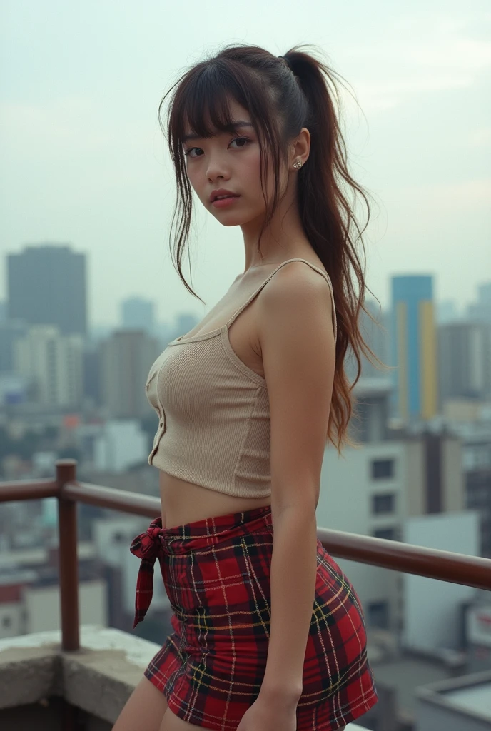 analog film photo, photo of a teenage punk, female, amber eyes, layered emo ponytail, tan complexion, Japanese ethnicity, tall stature, curvy, voluptuous hourglass figure, busty bosom, full wide hips, plump round buttocks, wearing a rib-knit cami top and a plaid miniskirt, posing on a Tokyo rooftop, RAW Photograph, dslr, soft lighting, high quality, film grain, Fujifilm XT3, detailed skin with visible pores, insane details, masterpiece, 8k, 35mm photograph, dslr, kodachrome, faded film, desaturated, grainy, vintage, Lomography, stained, highly detailed, found footage, close-up shot