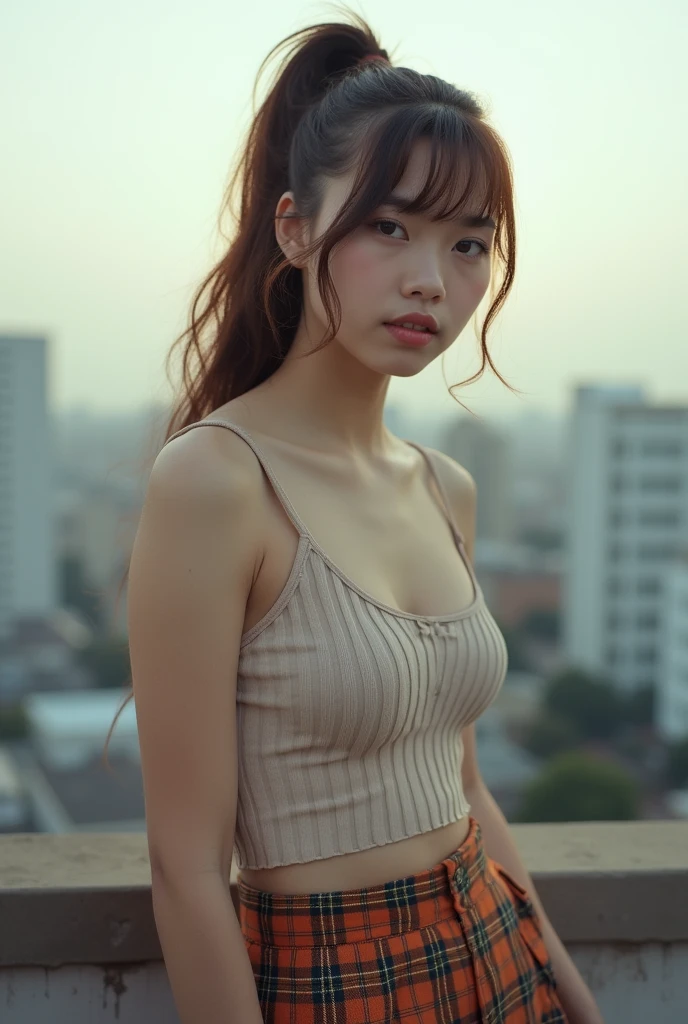 analog film photo, photo of a teenage punk, female, amber eyes, layered emo ponytail, tan complexion, Japanese ethnicity, tall stature, curvy, voluptuous hourglass figure, busty bosom, full wide hips, plump round buttocks, wearing a rib-knit cami top and a plaid miniskirt, posing on a Tokyo rooftop, RAW Photograph, dslr, soft lighting, high quality, film grain, Fujifilm XT3, detailed skin with visible pores, insane details, masterpiece, 8k, 35mm photograph, dslr, kodachrome, faded film, desaturated, grainy, vintage, Lomography, stained, highly detailed, found footage, close-up shot