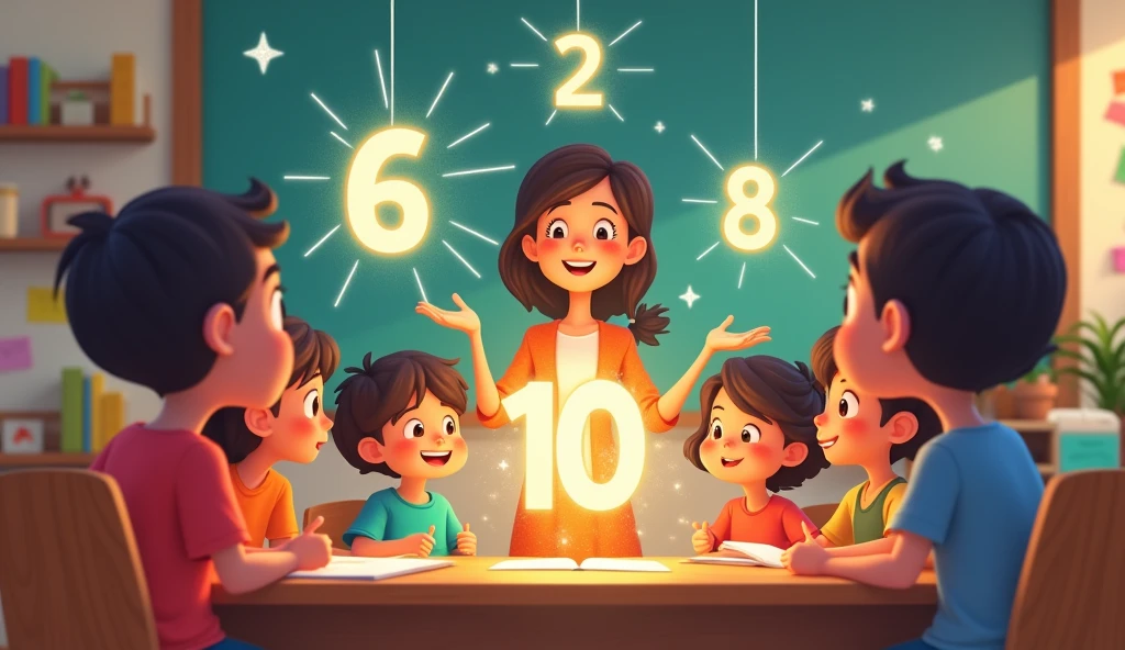 The number appears briefly in the air with a sparkle each time cartoon teacher and kids count, emphasizing the magic of learn 6 7 8 9 and 10
