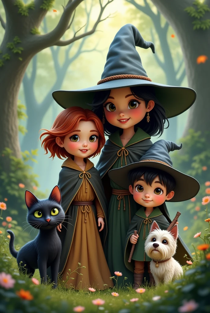 A family of three, a black cat and a white dog. They must represent a beautiful witch with short reddish hair, a daughter with black hair wearing a witch's hat and a young son, a wizard. Place them in a place surrounded by nature. It must have a black cat with green eyes and a small, shaggy white dog