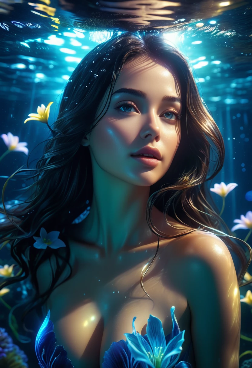 (masterpiece, best quality:1.2), (realistic), photorealistic, high quality, super detailed, 8K Ultra HD, beautiful and sexy Bioluminescent woman with a slim figure medium teardrop breasts, long hair, swimming, beautiful flowing Bioluminescent flowers forming a beautiful woman, full depth of field and realistic textures, underwater environment, ray of moonlight, cinematic lighting, vivid light, vibrant color, dw01-3400